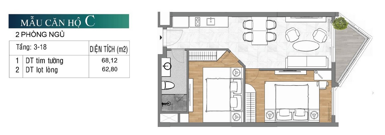 Thiết kế căn hộ C 2PN - Diện tích 68.12m2 dự án nghỉ dưỡng The Maris Vũng Tàu.