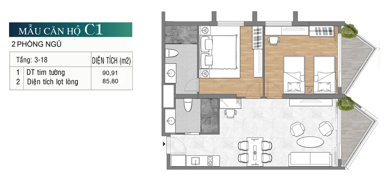 Thiết kế căn hộ C1 2PN - Diện tích 90.91m2 dự án nghỉ dưỡng The Maris Vũng Tàu.